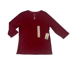 St. Johns Bay Petite PM Essential Tee 3/4 Sleeve V-Neck Womens Burgundy NWT 1784